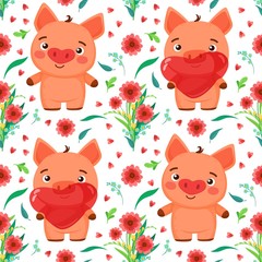 Bright Vector seamless pattern with flower bouquet elements and cute baby piglet with balloon. Pattern in cartoon style