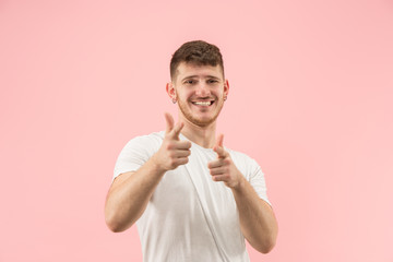 I am ok. Happy businessman, sign ok, smiling, isolated on trendy pink studio background. Beautiful male half-length portrait. Emotional man. Human emotions, facial expression concept