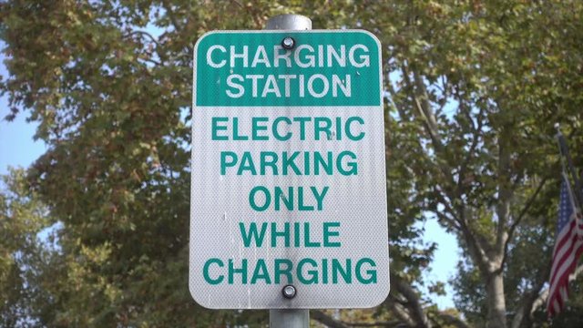 Electric car charge point sign, California, USA