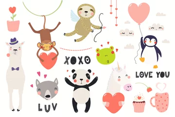 Zelfklevend Fotobehang Big Valentines day set with cute funny animals, hearts, text. Isolated objects on white background. Hand drawn vector illustration. Scandinavian style flat design. Concept for card, children print. © Maria Skrigan