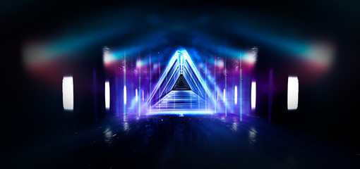  &nbsp; Abstract black tunnel with a light pyramid, neon triangle, smoke, wet asphalt, night view.