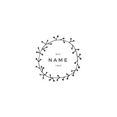 Floral round frame, hand drawn vector logo template.
