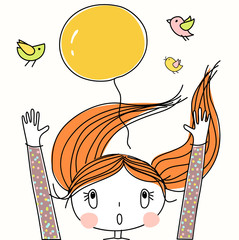 Vector cartoon illustration of red blowing hair girl with hands up trying to cought the yellow balloon, surprise on her birthday, little birds flying around on background. Postcard nursery gift.