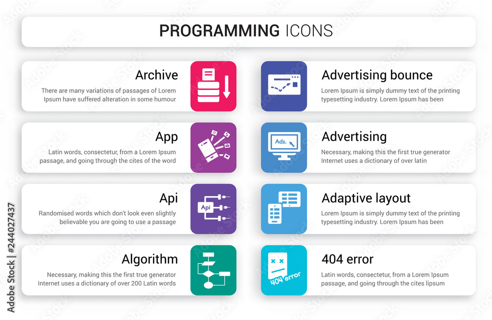 Poster set of 8 white programming icons such as archive, app, api, algorithm, advertising bounce, advertisi
