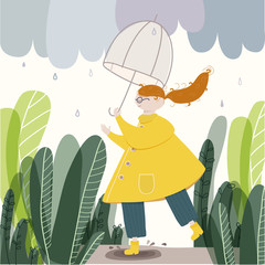 Vector illustration of cute happy girl female with red hair wearing yellow raincoat and boots walking with umbrella in a rainy day in autumn. Poster, decor of nursery room, kids wear design.