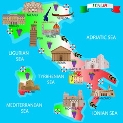 Map of Italy for tourists. Architectural monuments