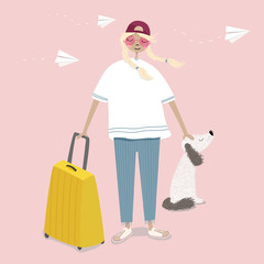 Cute stylish blonde girl traveler with a yellow suitcase travelling with a dog and having fun. Happy tourist isolated on pink background with airplane. Flat vector illustration. Trip, journey concept