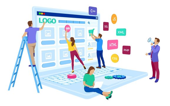Web development. Project team of engineers for website create. Webpage building. UI UX design. Characters on a concept. Web agency. Template for programmer or designer. Vector illustration.