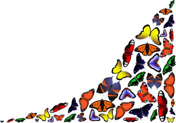 Frame of flying colorful butterflies on a white background. Postcard for congratulations on the anniversary