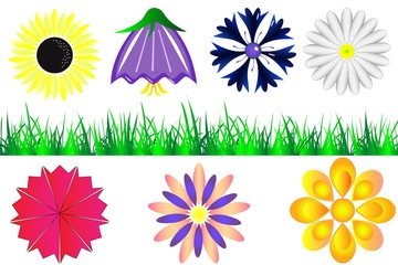 A set of silhouettes of flowers and grass on a white background
