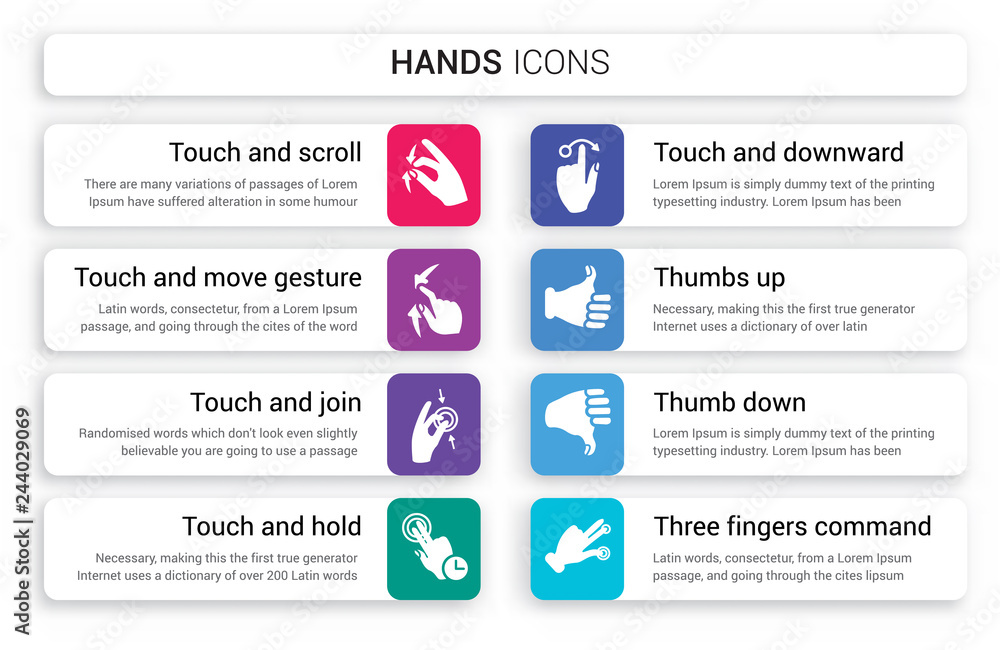 Aufkleber set of 8 white hands icons such as touch and scroll gesture, move join, hold, downward sliding thumb
