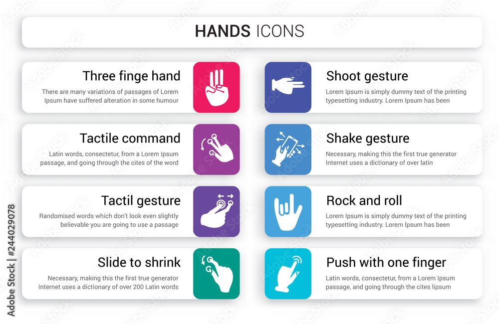 Poster set of 8 white hands icons such as three finge hand gesture, tactile command down tactil slide to sh