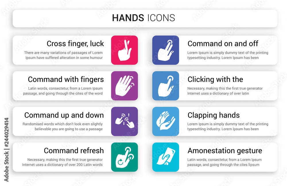 Poster set of 8 white hands icons such as cross finger, luck, command with fingers, up and down gesture, re