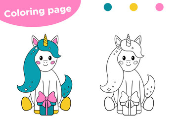 Coloring page for preschool kids. Cute cartoon unicorn with the birthday gift. Vector illustration.