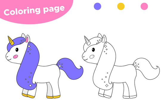 Coloring page for kids. Cute cartoon unicorn. For preschool girls. Vector illustration.