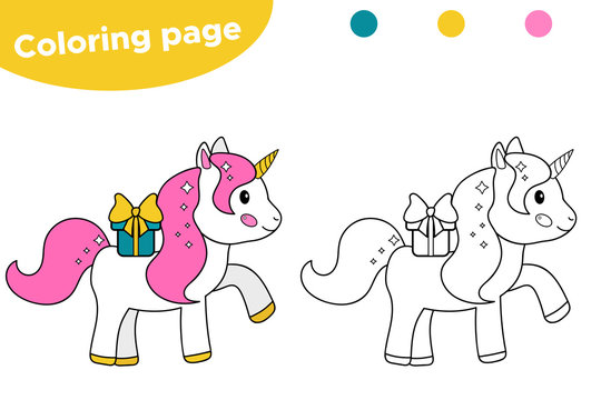 Coloring page for kids. Cute cartoon unicorn with gift. Birthday party. Fairy tale. Vector illustration.