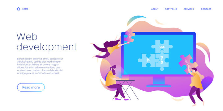 Web development concept in flat design. Developers or designers working at internet app or online service. Creative vector illustration. Web site landing page layout or banner template.
