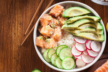 Poke bowl, traditional Hawaiian raw fish salad