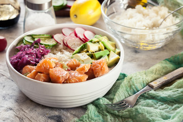 Poke bowl, traditional Hawaiian raw fish salad