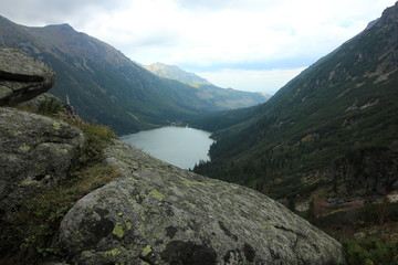 Fototapeta premium Picturesque mountain lake Sea Eye, the Fish Brook Valley, the Polish side of the Tatra mountains