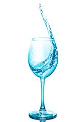 Wine glass with water inside, water wave, white background