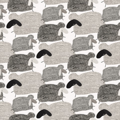 Seamless cute pattern vector illustration of graphic drawing funny sheep on white background. Fluffy wool pet background for fabric, textile, paper, wallpaper, wrapping, greeting card. Scandinavian