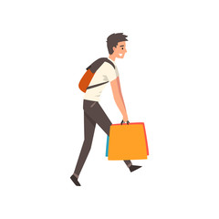 Young man carrying heavy shopping bags, guy purchasing of goods and gifts vector Illustration
