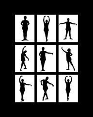 Nine up images in frame - Black silhouette of young teen female on white background in various classical and contemporary ballet poses - pre pointe in ballet slippers, arms up or down, first to fifth. © EdwardsMediaOnline