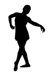Fototapeta na wymiar JPG black silhouette of young teen female on white background in various classical and contemporary ballet poses - pre pointe in ballet slippers and ribbons, arms up or down.