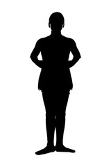 JPG of young teen female ballet dancer in RAD ballet poses black silhouette on white background; First 1st position from teacher's perspective
