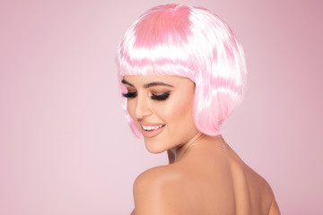 Pink bob short hairstyle woman.