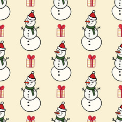 Vector winter pattern for decoration design with snowman and presents. New year background decoration