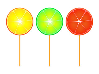 A wonderful simple design of citrus candy on a stick on a white background