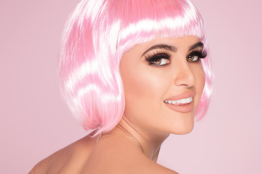 Pink bob short hairstyle woman.