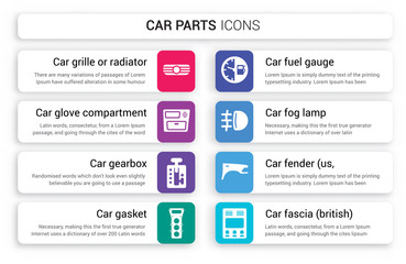 Set of 8 white car parts icons such as grille or radiator grille, glove compartment, gearbox, gasket, fuel gauge, fog lamp isolated on colorful background