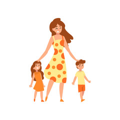 Happy mother walking with her son and daughter, mom having a good time with her kids, happy family, parenting concept vector Illustration