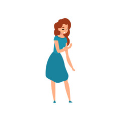 Cheerful attractive woman wearing blue dress vector Illustration