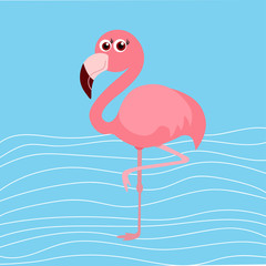 cute flamingo on blue background, vector illustration