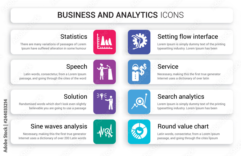 Poster set of 8 white business and analytics icons such as statistics, speech, solution, sine waves analysi