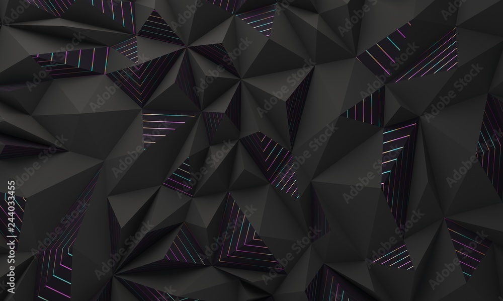 Poster abstract geometric polygonal structure, black with metallic lines. 3d render