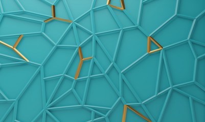Abstract geometric polygonal structure with metallic accents. 3D render  - obrazy, fototapety, plakaty