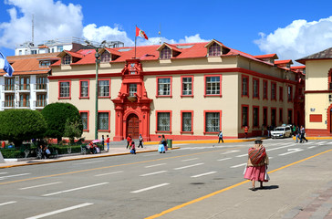 Plaza de Armas Square with the Justice Palace, Stunning Building in the City Center of Puno, Peru 