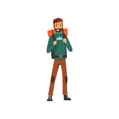 Smiling bearded man with backpack, outdoor adventures, travel, camping, backpacking trip or expedition vector Illustration