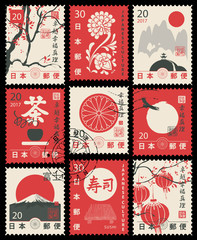 Set of vector postage stamps on the theme of Japanese culture in retro style. Hieroglyph Japan Post, Sushi, Tea, Perfection, Happiness, Truth