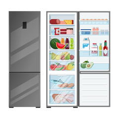 Refrigerator open with food and closed. Vector illustration.