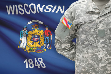 American soldier with US state flag on background - Wisconsin
