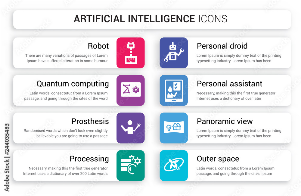 Poster set of 8 white artificial intelligence icons such as robot, quantum computing, prosthesis, processin