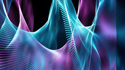 Soaring fabric in space. 3d futuristic illustration. Digital landscape for presentations. Big data techno background. Digital illustration, abstract folded cloth, soaring fabric. 3D rendering.