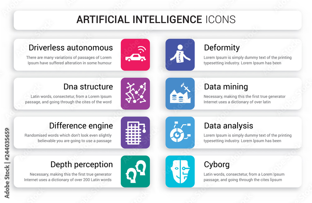 Poster set of 8 white artificial intelligence icons such as driverless autonomous car, dna structure, diffe