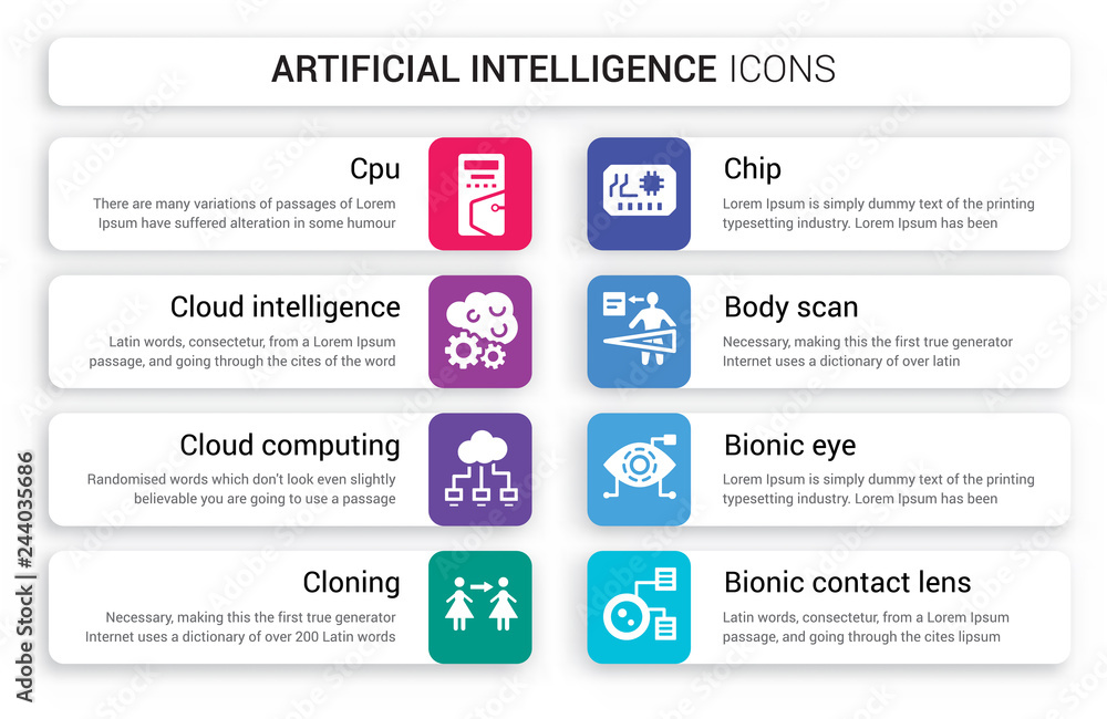 Poster set of 8 white artificial intelligence icons such as cpu, cloud intelligence, computing, cloning, ch